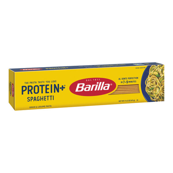 A yellow box of Barilla Protein+ Spaghetti with white text.