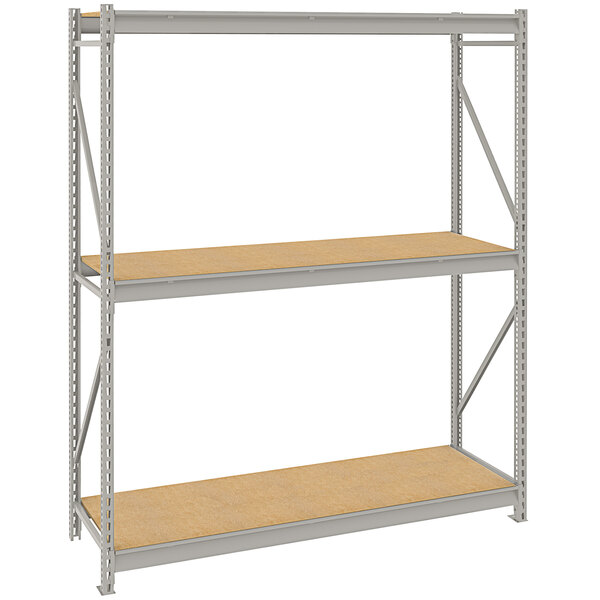 A light gray Tennsco boltless metal shelving unit with particleboard decking on two shelves.