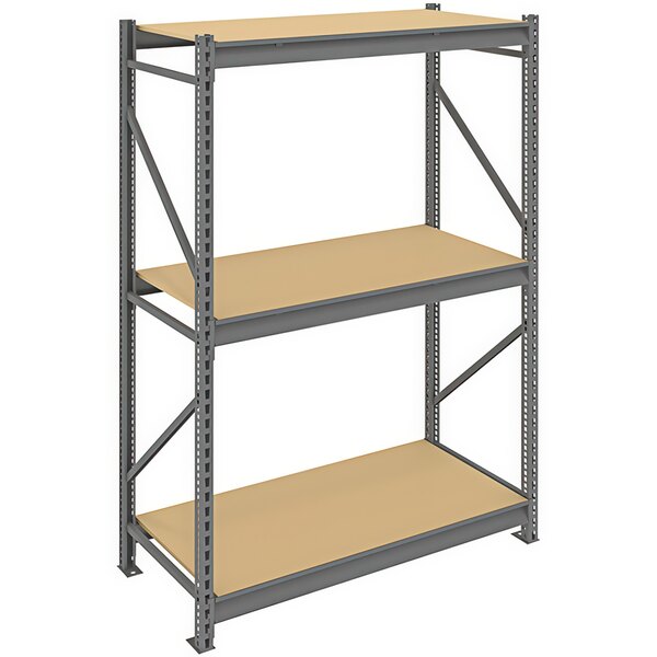 A Tennsco metal bulk storage rack unit with particleboard shelves.