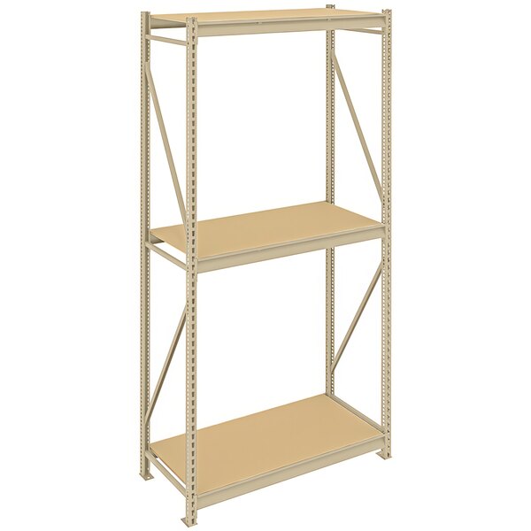 A Tennsco beige boltless shelving unit with three metal shelves.