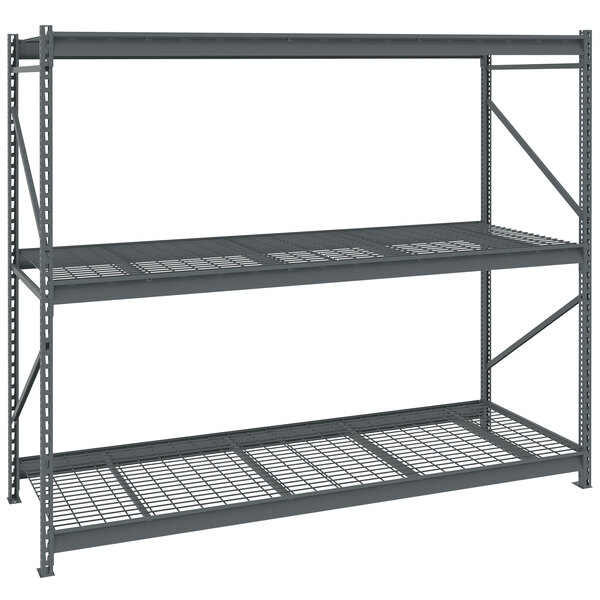 A dark grey Tennsco bulk storage rack unit with wire decking.
