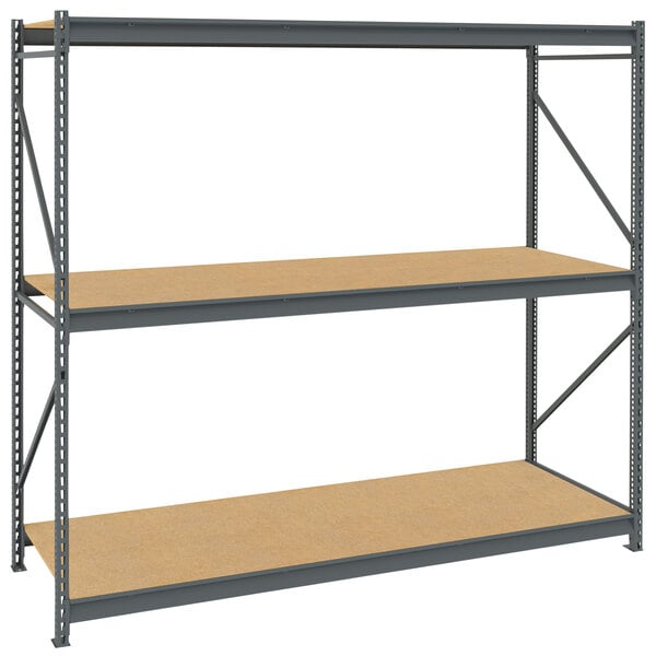 A Tennsco dark gray metal bulk storage rack unit with three shelves.