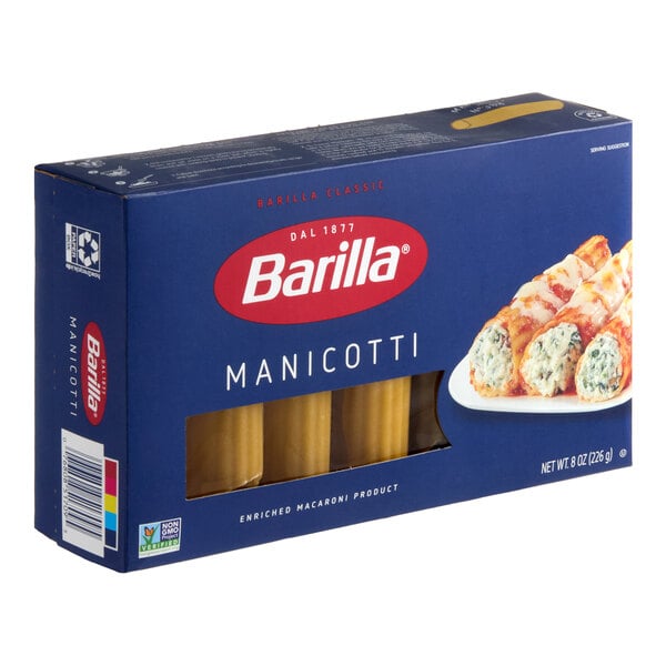 A box of Barilla Manicotti pasta weighing 8 ounces.