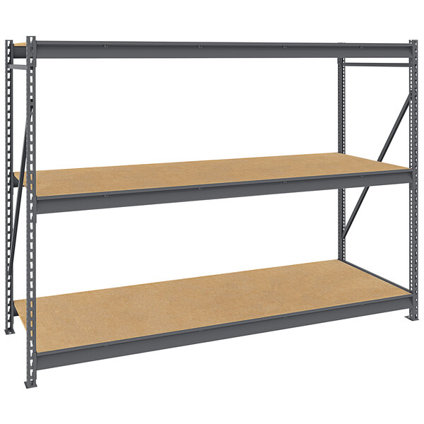A metal shelving unit with wood shelves.