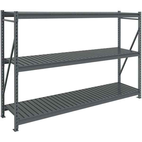 A dark gray metal Tennsco boltless shelving unit with three shelves.