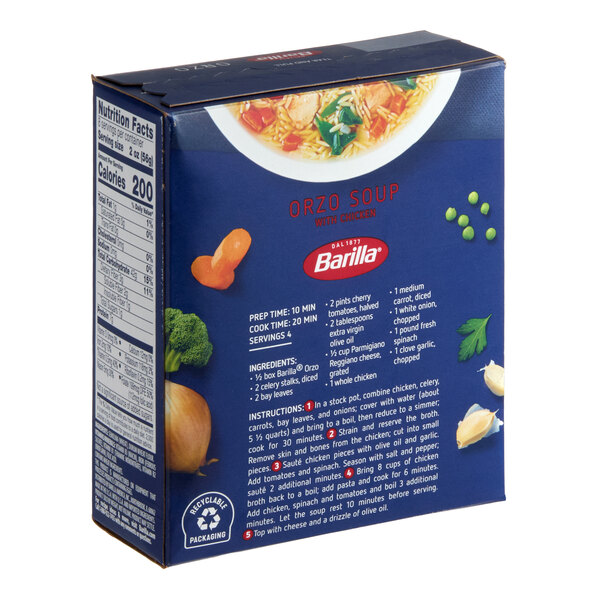 A 1 lb. box of Barilla Orzo pasta.