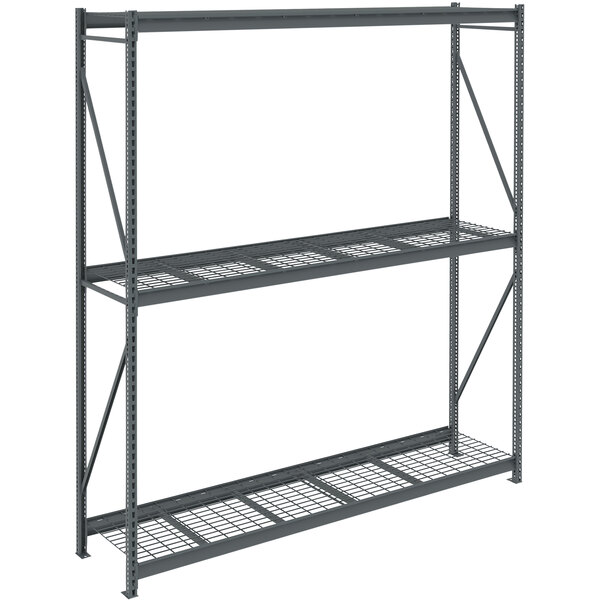 A dark grey Tennsco boltless shelving unit with wire decking.