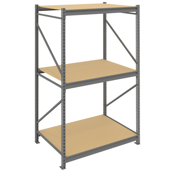 A Tennsco dark gray metal shelving unit with two shelves.