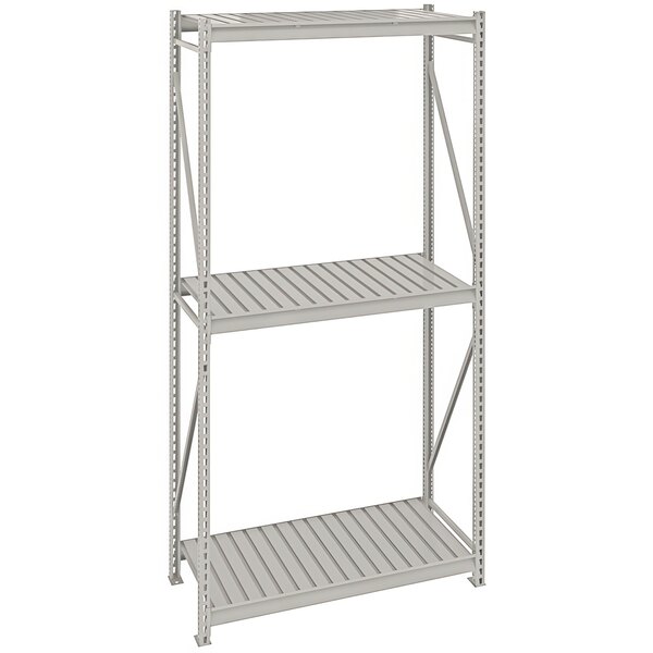 A light gray metal Tennsco bulk shelving unit with corrugated decking.