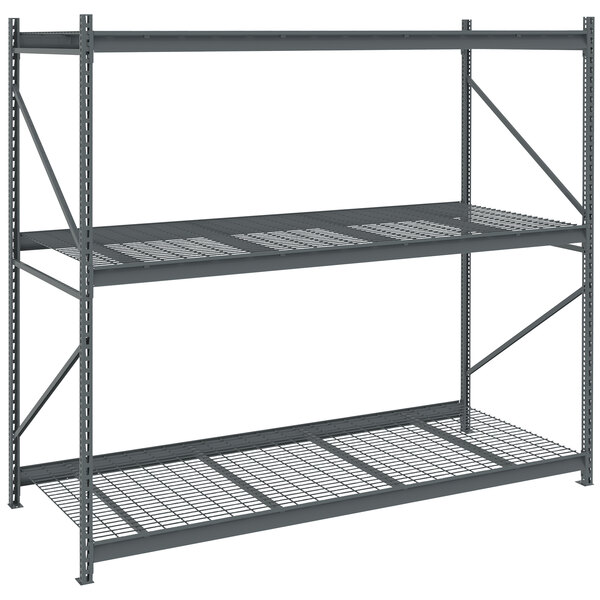 A dark grey Tennsco bulk storage rack unit with wire decking.