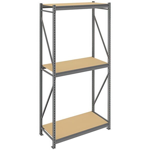 A metal shelving unit with particleboard decking.