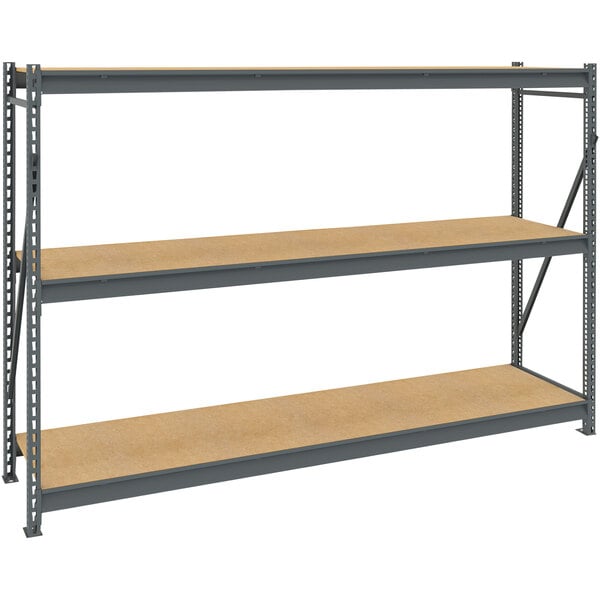 A dark gray metal Tennsco boltless shelving unit with wood shelves.
