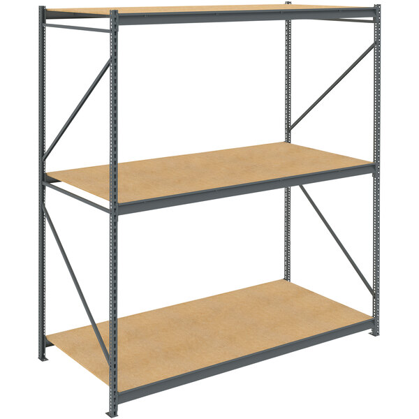 A dark gray metal boltless shelving unit with wood shelves.