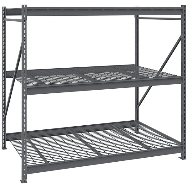 A dark grey Tennsco bulk storage rack unit with wire decking.