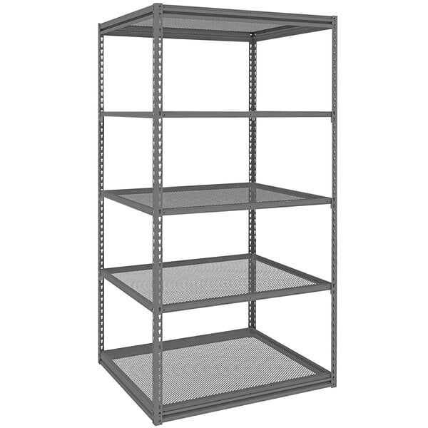 A Tennsco dark gray perforated steel shelving unit with 5 shelves.