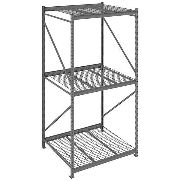 A dark grey Tennsco metal bulk storage rack unit with wire decking.