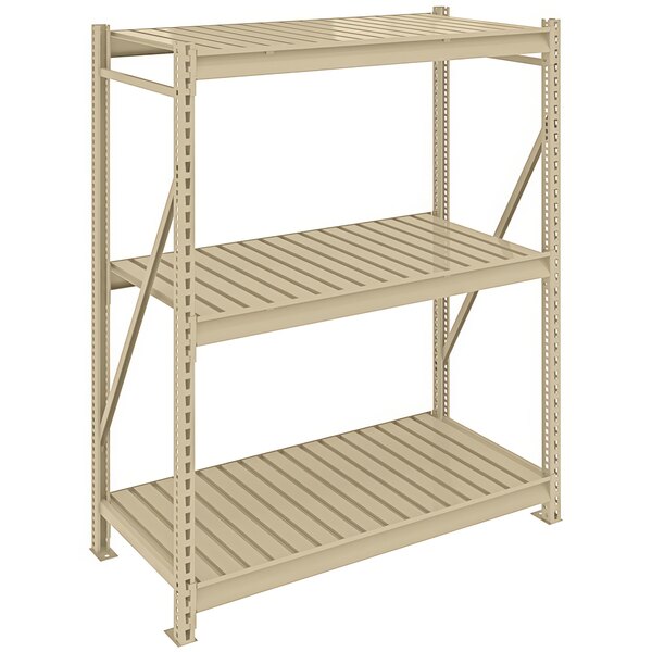 A tan metal Tennsco boltless shelving unit with corrugated shelves.