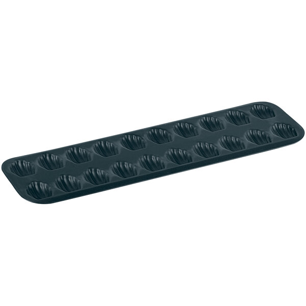 A black non-stick Gobel Madeleine pan with 20 compartments.