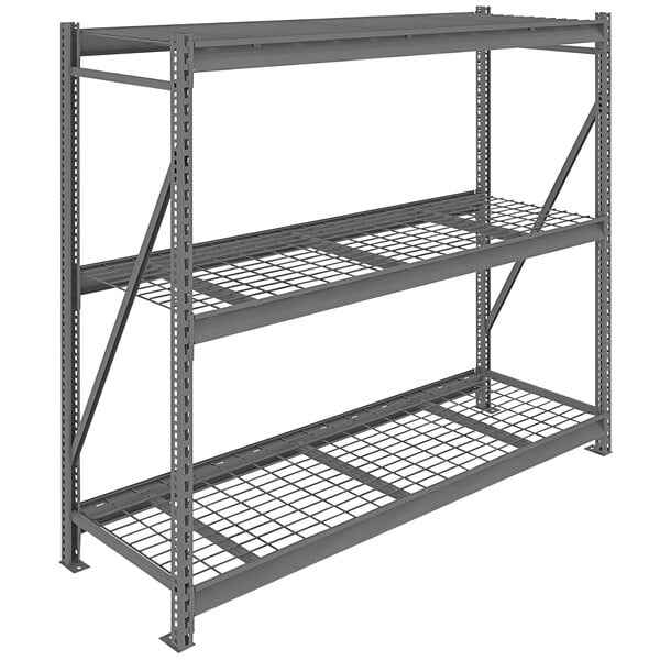 A dark grey Tennsco boltless metal shelving unit with three wire shelves.