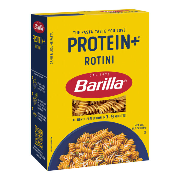 A box of Barilla Protein+ Rotini pasta on a white background.