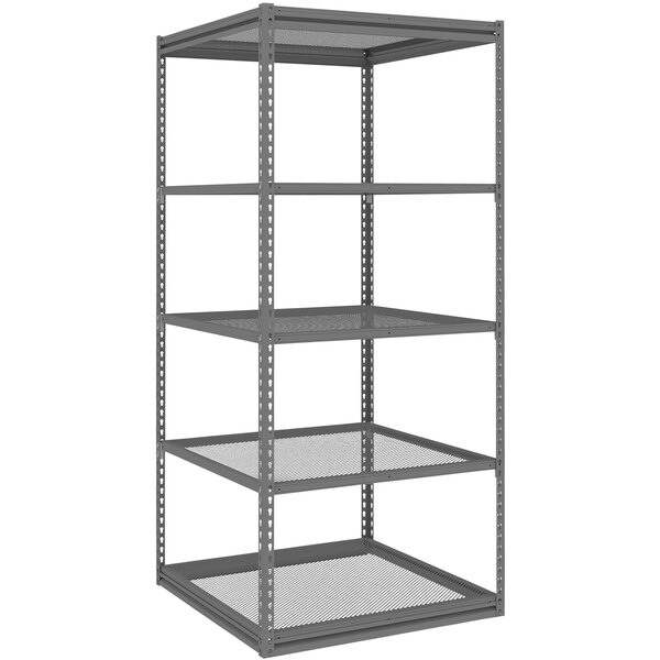 A dark grey Tennsco boltless steel shelving unit with 5 perforated shelves.