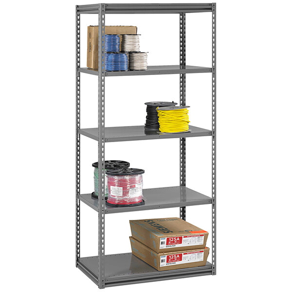 A dark grey Tennsco steel shelving unit with several shelves.