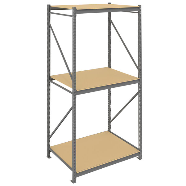 A dark gray metal Tennsco boltless shelving unit with two shelves.