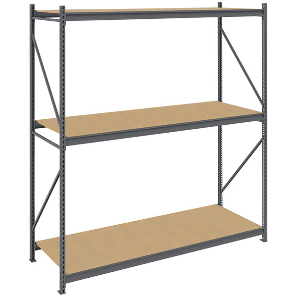 A dark gray Tennsco metal boltless shelving unit with particleboard decking.