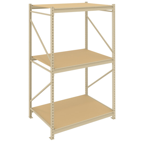 A beige Tennsco metal shelving unit with particleboard shelves.