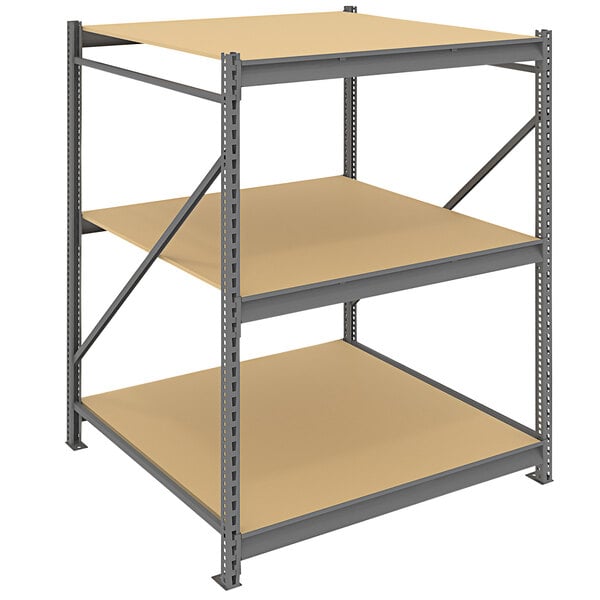 A Tennsco dark gray metal bulk storage rack unit with three shelves.