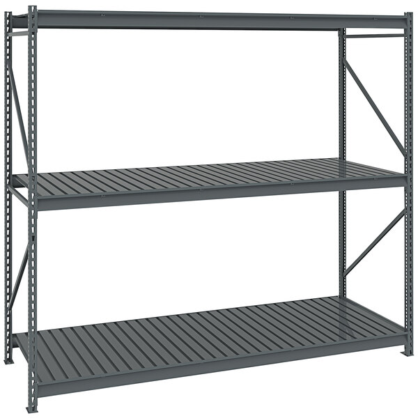 A dark grey Tennsco boltless steel shelving unit with corrugated decking.