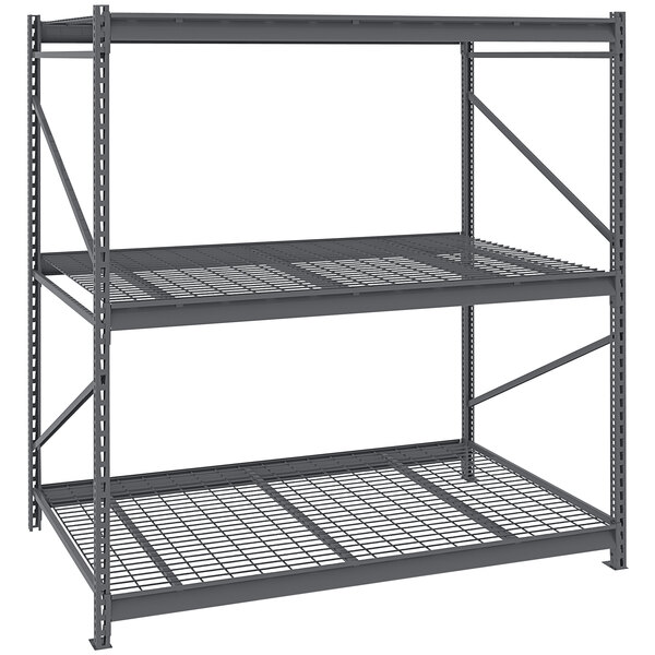 A dark grey Tennsco metal bulk storage rack unit with wire decking.
