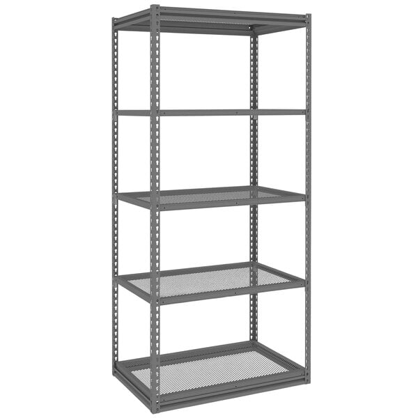 A Tennsco dark grey perforated steel shelving unit with 5 shelves.