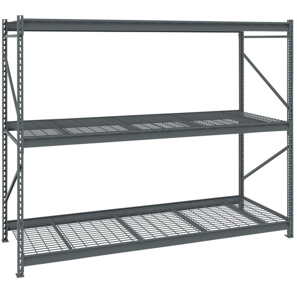 A dark grey Tennsco boltless steel shelving unit with wire decking on three shelves.