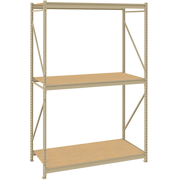 A Tennsco beige metal shelving unit with two shelves.