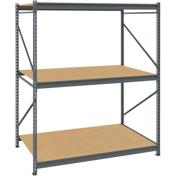 A dark gray Tennsco boltless metal shelving unit with particleboard decking.