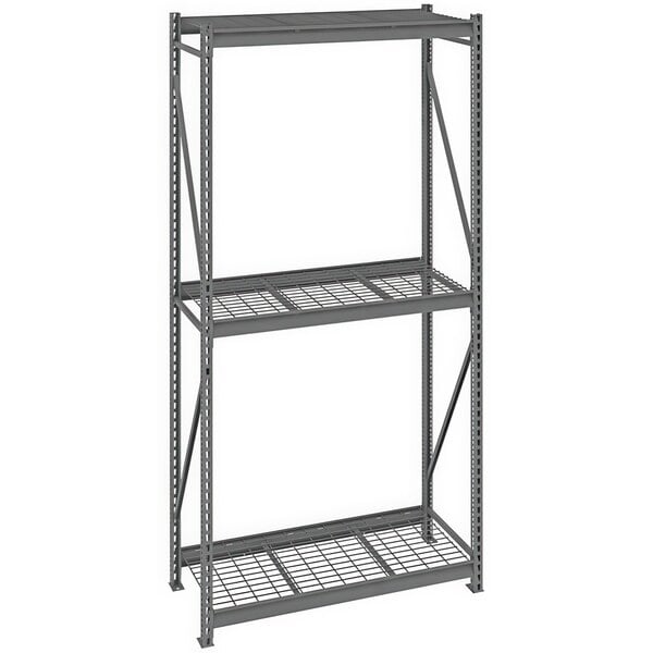 A dark gray metal Tennsco bulk storage rack unit with wire decking.