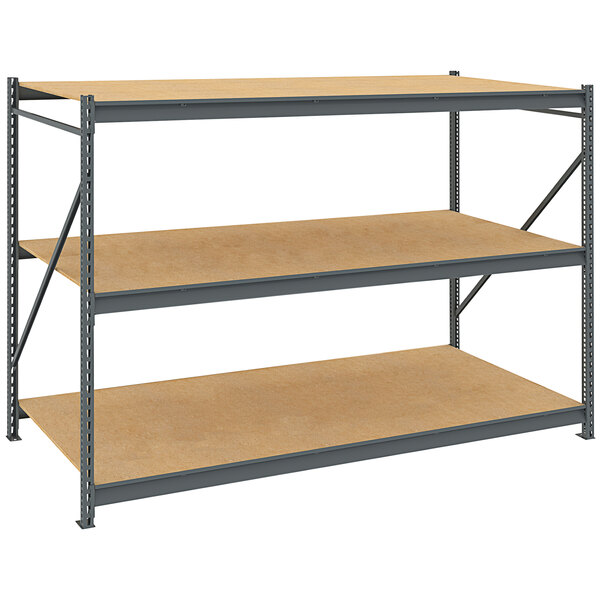 A Tennsco dark gray metal bulk storage rack unit with wood shelves.