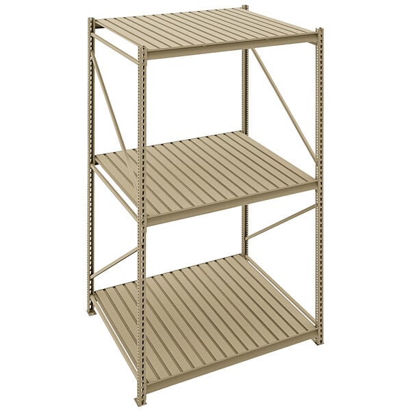 A beige Tennsco boltless shelving unit with metal corrugated decking.