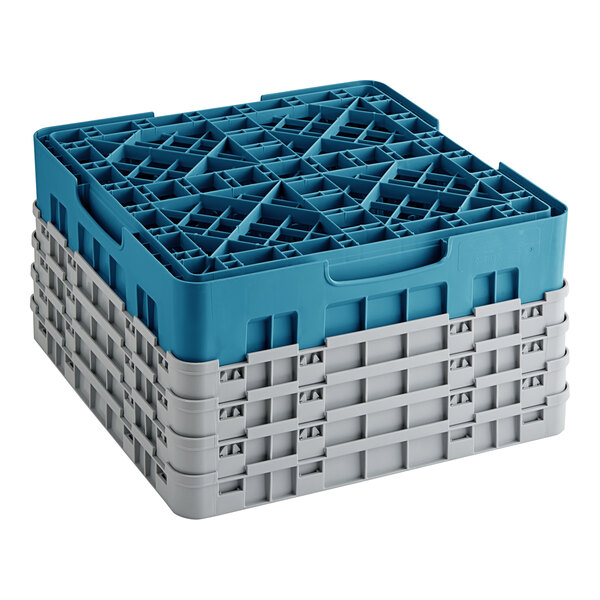 A teal plastic Cambro glass rack with extenders.