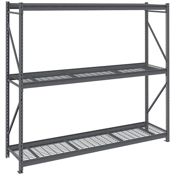 A dark grey Tennsco boltless shelving unit with wire decking.
