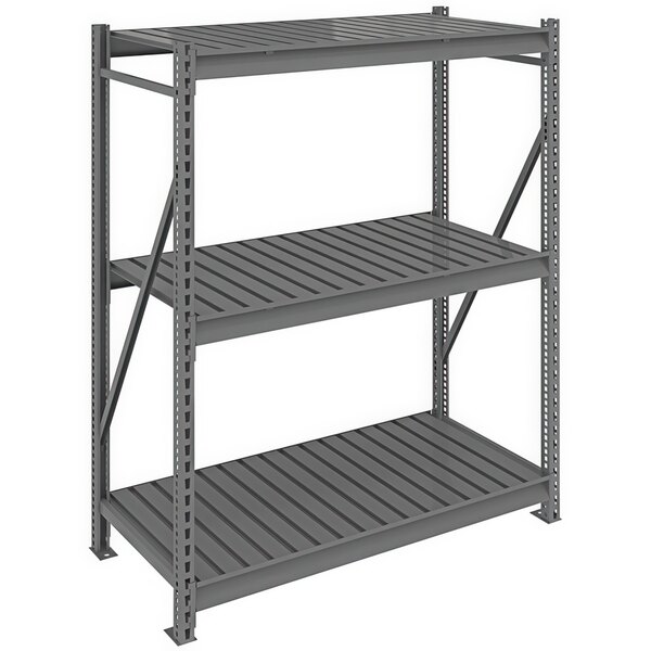 A dark gray metal Tennsco boltless shelving unit with three shelves.