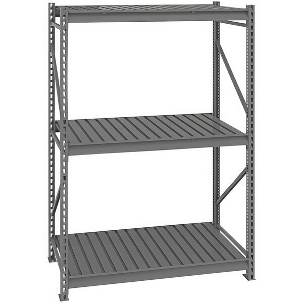 A dark gray metal Tennsco boltless shelving unit with three shelves.