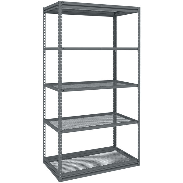 A dark grey Tennsco boltless steel shelving unit with 5 perforated shelves.