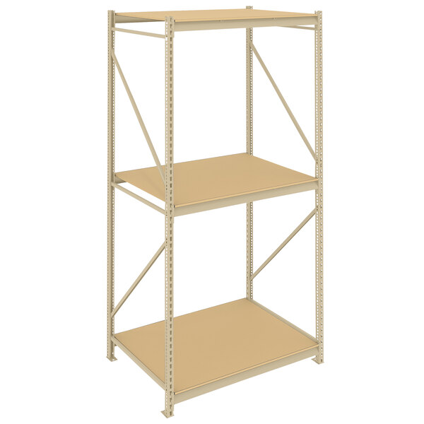 A beige Tennsco metal boltless shelving unit with particleboard shelves.