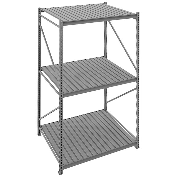 A dark gray steel Tennsco boltless shelving unit with corrugated decking.
