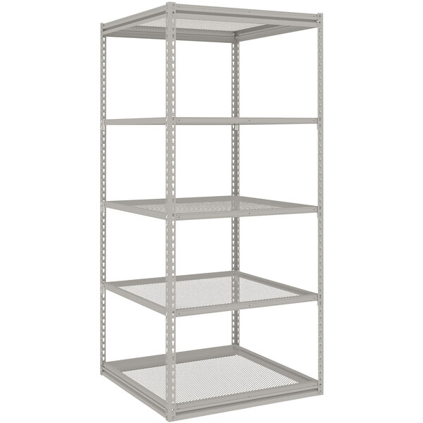 A light grey Tennsco boltless steel shelving unit with 5 perforated shelves.