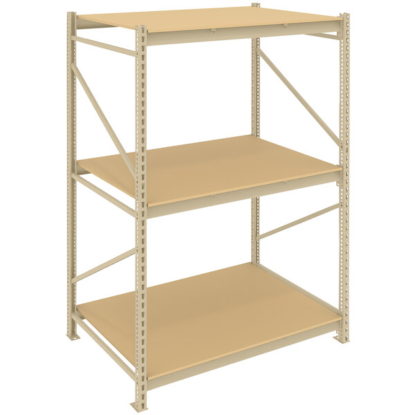 A Tennsco tan metal boltless shelving unit with two particleboard shelves.