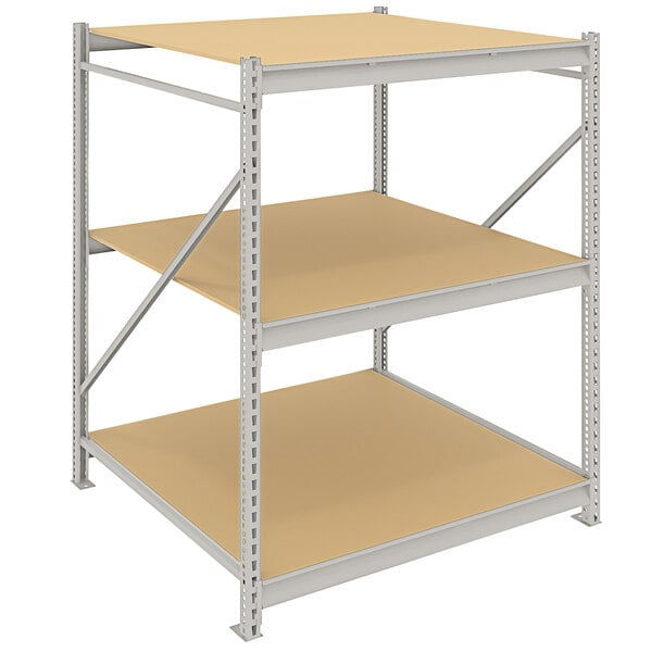 A light gray metal bulk storage rack unit with particleboard shelves.