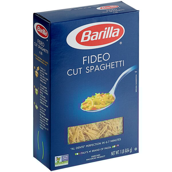 A blue box of Barilla Fideo Cut Spaghetti pasta.